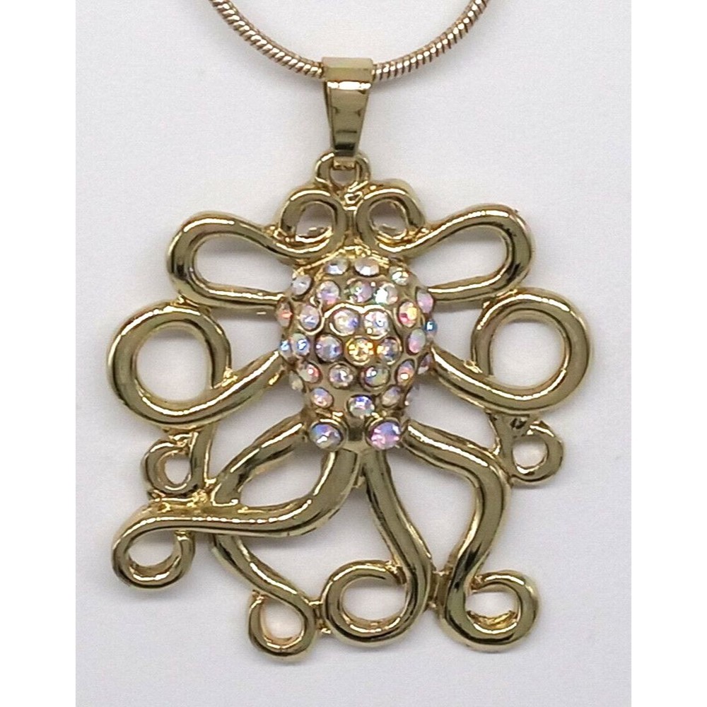 Octopus Pendant Chain Necklace Aurora Borealis Crystals Gold Tone Metal Shiny!